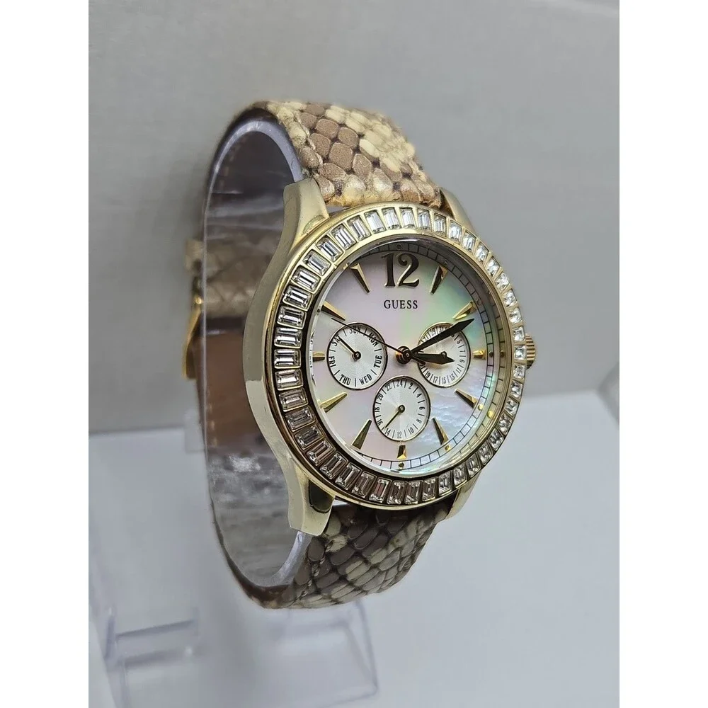 GUESS Womens Gold Tone MOP Day Date Watch Crystals Snake Leather New Battery
